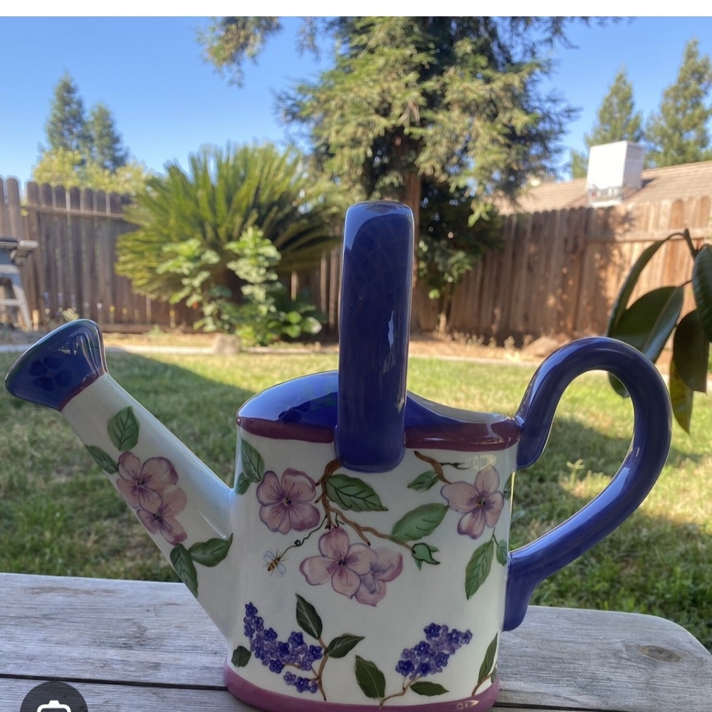 Floral Watering Can with Purple Accents